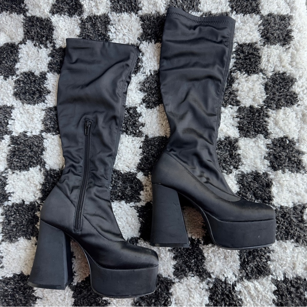 Delia’s Black Satin Platform Chunky Knee High Go Go Boots
